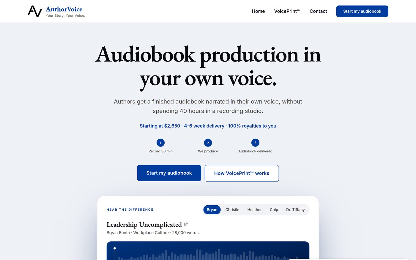 AuthorVoice website homepage. Large serif headline reading Audiobook production in your own voice.